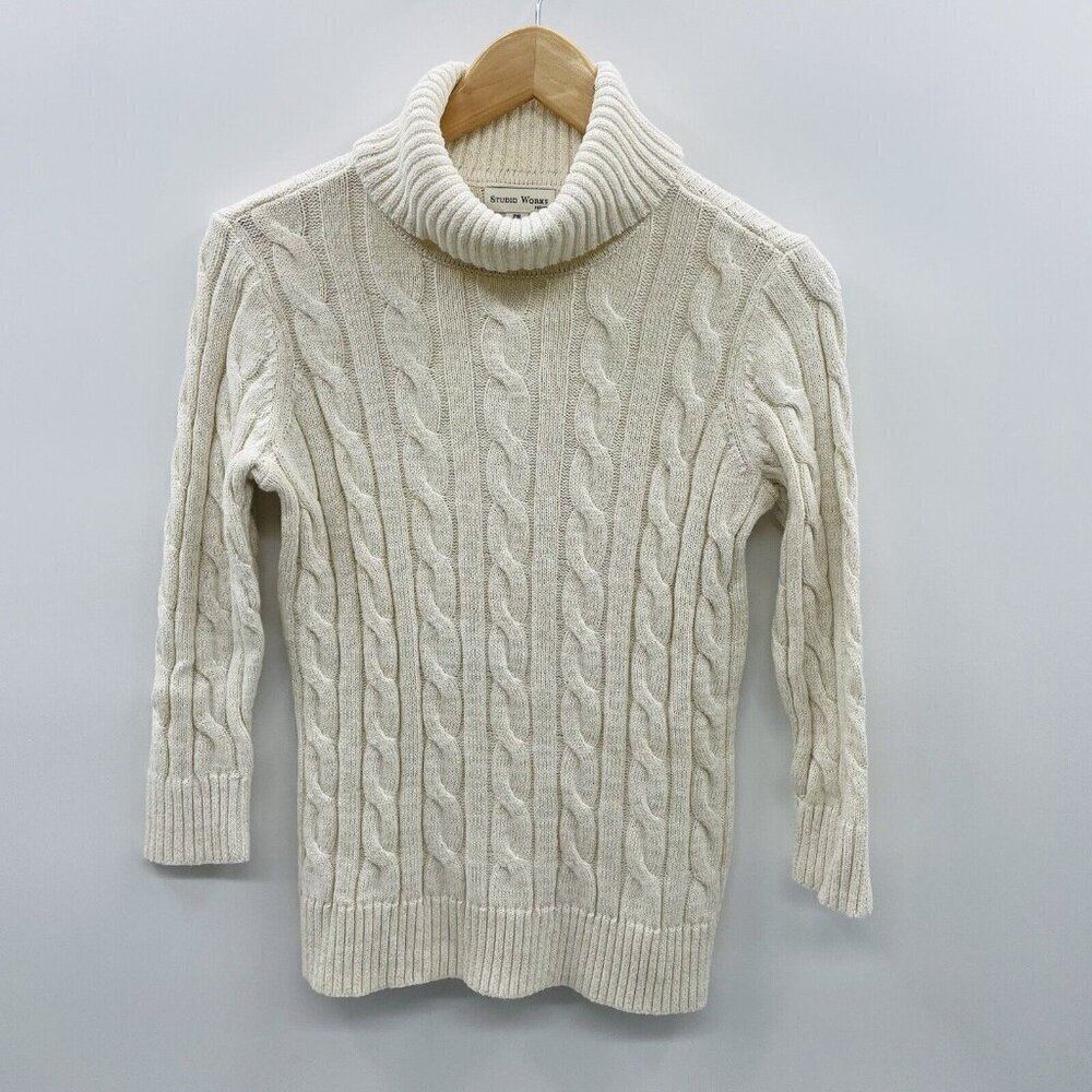 Studio Works Petite Womens PM Medium Cable Knit Turtleneck Sweater in Cream/Gold